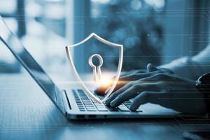 Cybersecurity concept, padlock icon and internet technology network, secure encryption of user's personal data, secure internet access. photo