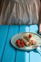 pancakes with cottage cheese and strawberries, healthy breakfast photo