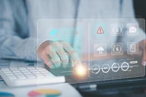 Businessman checking the steps through a virtual online document with a list of checkboxes Concepts of practices and policies, company articles of association Terms and Conditions, Finding errors photo