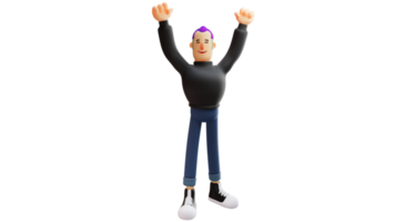 3D illustration. Stylish young man 3D cartoon character. A cheerful young man raised his hands. Handsome young man smiling happily. Handsome guy managed to do something. 3D cartoon character png