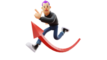 3D illustration. Young Man 3D cartoon character. Cheerful young man running pose. Cool young man is pointing at something. Handsome young man smiling happily. Happy young man. 3D cartoon character png