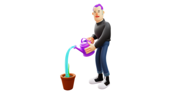 3D illustration. Diligent Man 3D cartoon character. Sweet smiling sweet man. Handsome young man watering a flower in a pot. Stylish guy watering plants happily. 3D cartoon character png
