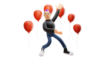 3d Illustration. glücklich jung Mann 3d Karikatur Charakter. ein jung Mann spitz beim Luftballons um ihn. heiter jung Mann lächelnd glücklich mit viele von rot Luftballons hinter ihn. 3d Karikatur Charakter png