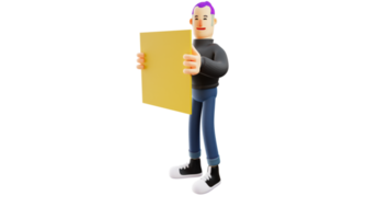 3D illustration. Handsome Boy 3D cartoon character. Nice smiling cute guy. Handsome young man carrying a yellow board. Stylish guy standing casually. 3D cartoon character png