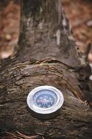 Compass on a tree stump in forest.Travel and recreation wild.
