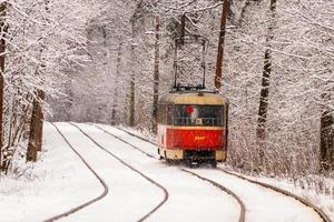 An old tram moving through a winter forest photo