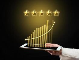 female hand holds a tablet and five gold stars above it. App evaluation. User reviews, business rating photo