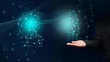 Artificial intelligence concept, robot training and technology development. Male hand under head hologram with connection photo