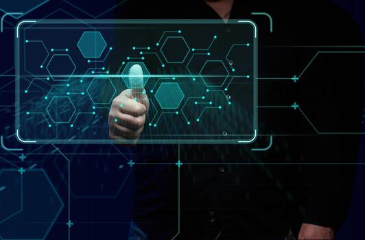 a man stands in front of a virtual screen with a security system and fingerprint identification. Personal data protection, online security photo