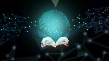 a man in a black shirt holds a holographic globe model. The concept of global internet coverage of the globe. Quick exchange of information photo