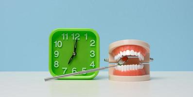 green alarm clock and a plastic model of a human jaw with white even teeth and a medical examination mirror on a white table. Morning teeth cleaning