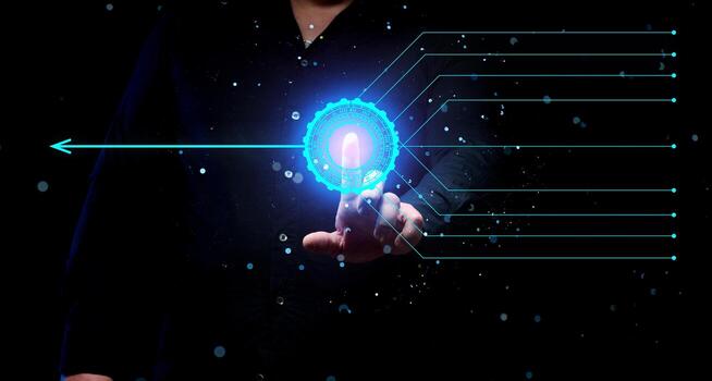 a man presses a button where many lines are connected into one. The concept of unification and concentration of ideas, solving problems and conflicts photo