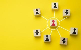 wooden cubes with little men on a yellow background. The concept of the structure of the company with a hierarchical scheme, effective business management, subordination photo