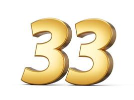 Golden metallic Number 33 thirty three, White background 3d illustration photo