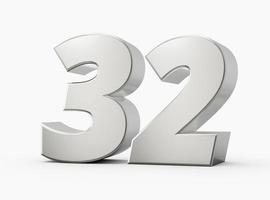 Silver 3d numbers 32 thirty two. Isolated white background 3d illustration photo
