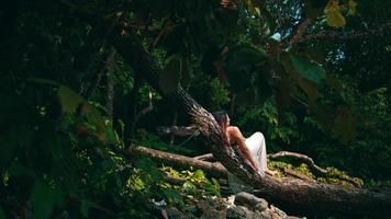 an asian woman is enjoying the atmosphere of the island by sleeping on a tree trunk very quietly video
