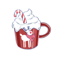 Winter hot chocolate in red reindeer mug with whip cream cartoon png