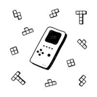 Retro game console hand drawn. Retro vibe doodle. Kids tetris portable console. Computer retro, arcade play concept. Vector illustration.