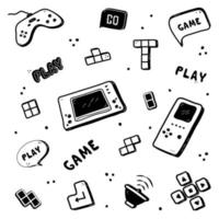 Video game hand drawn doodle set. Retro vibe. Video gamer console, tetris, joystick, controller element. Computer retro, arcade play background. Vector illustration.