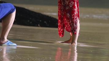 photo tirer sur le plage par le mer. femme sur le sablonneux rivage dans une rouge longue soie robe video
