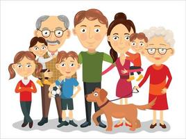 grande y contento familia retrato con niños, padres, abuelos vector ilustración