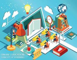 Online education Isometric flat design. The concept of learning and reading books in the library and in the classroom. University studies. Vector illustration