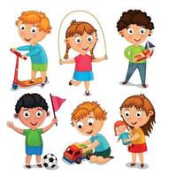 Kids are playing with toys. Boys are  riding a scooter, playing with a toy car and a ball. Girls are jumping rope and playing with a doll. Vector illustration.