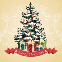 Navidad árbol con pelotas, dulce, regalos y velas Navidad tarjeta vector ilustración.