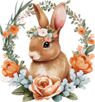 påsk kanin med blommor vattenfärg illustration png