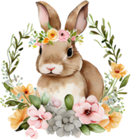 Easter Bunny with flowers watercolor illustration png