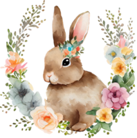 Easter Bunny with flowers watercolor illustration png