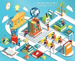 The process of education, the concept of learning and reading books in the library and in the classroom. University studies. Online education Isometric flat design. Vector illustration