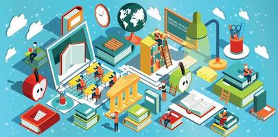 Online education Isometric flat design. The concept of learning and reading books in the library and in the classroom. University studies. Vector illustration