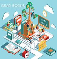 The concept of learning, read books in the library, tree of knowledge, isometric flat design vector