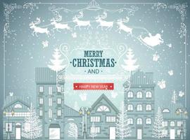 Navidad ciudad paisaje, urbano invierno fondo, Clásico tarjeta, nevada vector ilustración