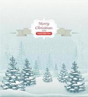 Merry Christmas and Happy New Year forest winter landscape with snowfall and spruces vector illustration