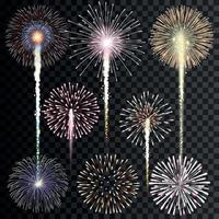 Set of isolated vector fireworks on transparent background