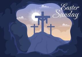 Happy Easter Sunday Day Illustration with Jesus, He is Risen and Celebration of Resurrection for Web Banner or Landing Page in Hand Drawn Templates vector