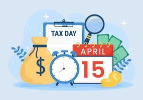 Tax Day Illustration with Clipboard Form, Clock, Calendar and Coins Money for Web Banner or Landing Page in Flat Cartoon Hand Drawn Templates vector