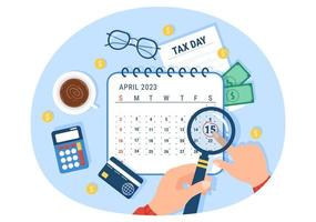 Tax Day Illustration with Clipboard Form, Clock, Calendar and Coins Money for Web Banner or Landing Page in Flat Cartoon Hand Drawn Templates vector