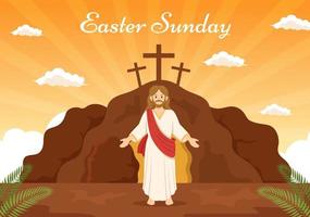 Happy Easter Sunday Day Illustration with Jesus, He is Risen and Celebration of Resurrection for Web Banner or Landing Page in Hand Drawn Templates vector