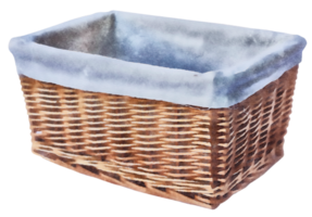 Empty vintage wooden basket with handles, watercolor illustration png