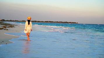 schön Frau auf Sommer- Ferien auf Weiß Strand. glücklich Mädchen Gehen im Sommer- Kleid. schleppend Bewegung video