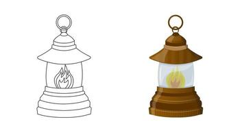 Coloring book for elementary school and toddlers. Kerosene camping lamp. Insulated brown lantern. Vector illustration.