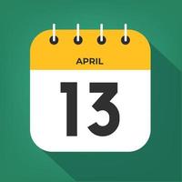 April day 13. Number thirteen on a white paper with yellow color border on a green background vector. vector