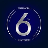 6th anniversary. Six years birthday celebration banner in silver color. Circular logo with elegant number design. vector