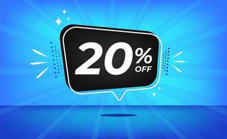 20 percent off. Blue banner with twenty percent discount on a black balloon for mega big sales. vector