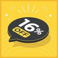 16 percent off. 3D floating balloon with promotion for sales on yellow background vector