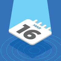 March 16 - 3D White calendar floating with spotlight on blue background vector