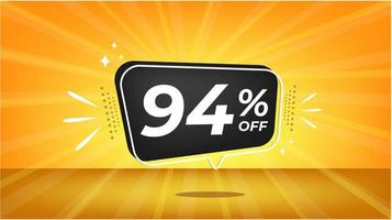 94 percent off. Yellow banner with ninety-four percent discount on a black balloon for mega big sales vector